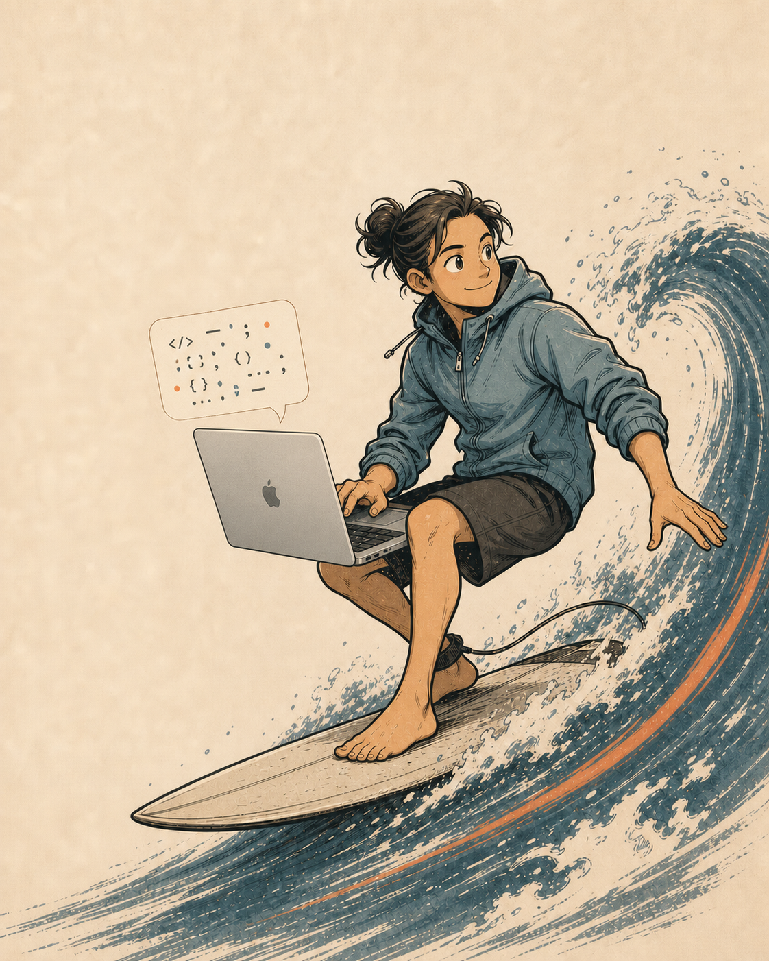 Dylan Long surfing a hand-drawn wave while vibe coding on a MacBook