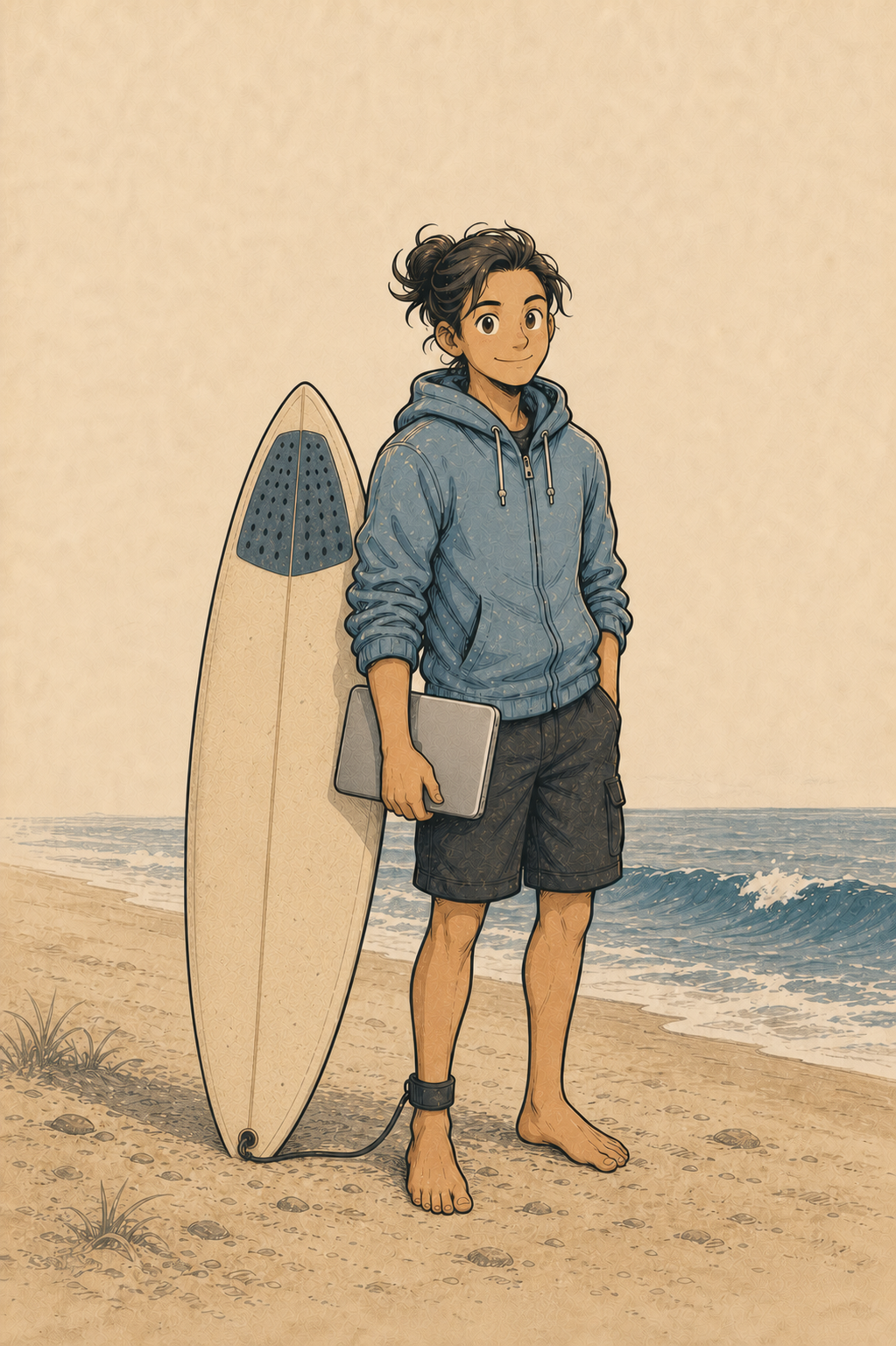 DylanLong standing on a beach with a surfboard and Mac laptop