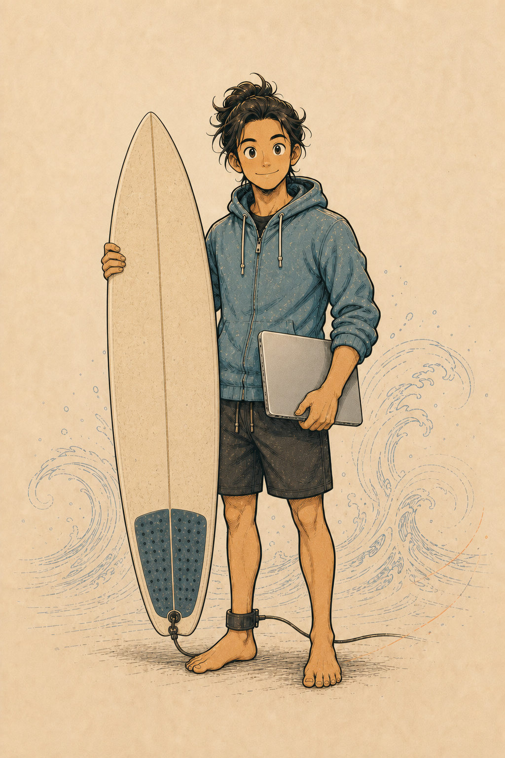 DylanLong standing with a surfboard and Mac laptop
